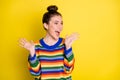 Photo of young positive girl amazed excited win victory shout scream yes isolated over yellow color background