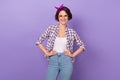 Photo of young pretty woman wear casual outfit fifties eyeglasses isolated over violet color background