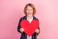 Photo of young school boy happy positive smile hold red heart cupid love card isolated over pastel color background