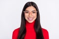 Photo of young smiling cheerful good mood beautiful asian girl in glasses wear red turtleneck isolated on grey color