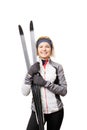 Photo of young sportswoman with skis on empty white background. Royalty Free Stock Photo