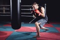 Photo of young strong sports man boxer make exercises in gym. Royalty Free Stock Photo