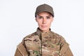 Photo of young woman serious confident wear soldier army wear uniform isolated over white color background Royalty Free Stock Photo