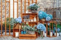 photo zone for the holiday, made of wooden elements, decorated with blue hydrangeas, lavender, candles, photo frames and old Royalty Free Stock Photo