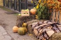 Photo zone near a cafe or shop for Halloween. Pumpkins, straw Royalty Free Stock Photo