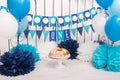 Photo Zone With Paper Garlands, Balloons, Paper Balls, Pom Poms, Confetti And Cream Cake. Birthday Cake. Smash Cake. One Year.