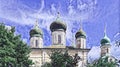 Photoart pictures of old towers of ancient orthodox church of Pereslavl - Zalesskiy in summer