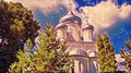 Photoart pictures of old towers of ancient orthodox church of Pereslavl - Zalesskiy in summer