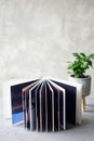 Photobook in hard leather cover on a gray concrete background. Making photos and storing them.A wedding album or book in