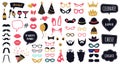 Photobooth party props. Funny face masks, glasses, crown, beard and bunny ears, celebration day speech bubble frames