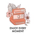 Photocamera with instant photos, floral bloom drawing, modern quote, lifestyle motivation text. Enjoy every moment typography with