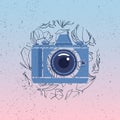 Photocamera vector icon with magnolia flowers on gradient background. Grunge photographer logo.