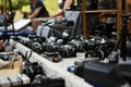 Photocameras in London flea market, horizontal. Royalty Free Stock Photo