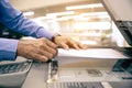 Photocopier printer, Close up hand office man scanning paper on the copier or photocopy machine concept of scanner document or Royalty Free Stock Photo