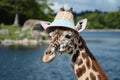 photogenic giraffe in a pastel bucket hat with a lake backdrop