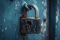 A photograph of an aged padlock attached to a blue door, showcasing the vintage charm and security measures, A lock with layers of Royalty Free Stock Photo