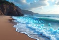 Photograph of a beach with blue foam cubes on sandy shore cliffs and ocean waves under cloudy sky Royalty Free Stock Photo