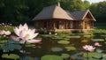 A photograph of a beautiful cottage and Lotus