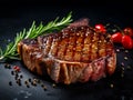 Photograph of Beef T - Bone steak or aged wagyu porterhouse grilled beef steak Medium Generative AIrare on a black table.