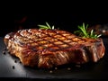 Photograph of Beef T - Bone steak or aged wagyu porterhouse grilled beef steak Medium Generative AIrare on a black table.