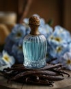 a bottle of a perfume sits on top of vanillas Royalty Free Stock Photo