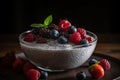 A photograph of a bowl of creamy coconut chia pudding. Generative AI