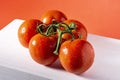 Photograph of a branch of five wet natural tomatoes on a white table and a red background Royalty Free Stock Photo