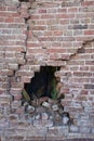 Photograph of a broken porous old ruined brick wall with hole after accident, many cracks, collapse hazard, dark background