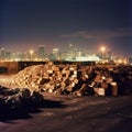 Nighttime Recycling Center with City Skyline