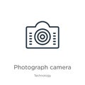 Photograph camera icon. Thin linear photograph camera outline icon isolated on white background from technology collection. Line