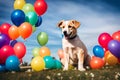 A Photograph: Capture the pure joy of a playful puppy, surrounded by a vibrant bouquet of rainbow-hued balloons against a clear