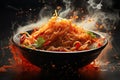 Photograph captures the essence of spicy hot noodles, with the vibrant red soup falling and splashing from the bowl, creating a