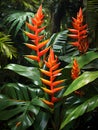 The photograph captures the Heliconia in its natural habitat, surrounded by a verdant tapestry of tropical foliage.