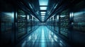 The photograph captures the interior of a modern, spacious server room, showcasing rows of equipment, racks, and cables Royalty Free Stock Photo