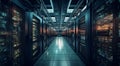 The photograph captures the interior of a modern, spacious server room, showcasing rows of equipment, racks, and cables Royalty Free Stock Photo