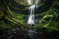 Secluded Waterfall Amidst Lush Greenery on a Rainy Day Royalty Free Stock Photo