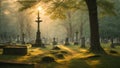 The photograph captures the serene yet haunting beauty of a cemetery nestled within a forest, bathed in the warm hues