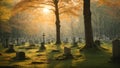 The photograph captures the serene yet haunting beauty of a cemetery nestled within a forest, bathed in the warm