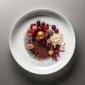 The photograph captures a stunning dish presented in a minimalist style on a white plate.