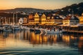 A Photograph captures a sung harbor town, basking in golden hues