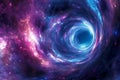 A photograph capturing the captivating swirl of blue and purple at the center of a galaxy, An inviting tunnel through a space