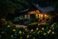 A Photograph capturing the charms of a cozy cottage, nestled amidst fragrant Night Blooming Jasmine