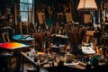 A photograph capturing the essence of an eccentric artist\'s studio,