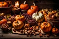 A Photograph capturing the essence of Thanksgiving: A bountiful harvest display, with a rustic wooden backdrop adorned with