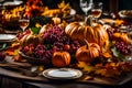 A Photograph capturing the essence of Thanksgiving: A bountiful table adorned with vibrant autumnal colors, an inviting feast that