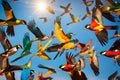 A Photograph capturing the exquisite dance of colorful plumage as vibrant birds