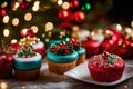 A Photograph capturing the festive cheer, close-up on delectable Christmas mini cakes