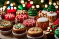 A Photograph capturing the festive cheer, close-up on delectable Christmas mini cakes