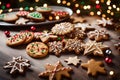 A Photograph capturing the festive spirit of Christmas cookies arranged in a whimsical and playful manner, invoking a sense of joy