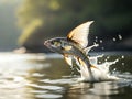 A photograph capturing the fleeting moment of a flying fish leaping out of the water at mid-morning